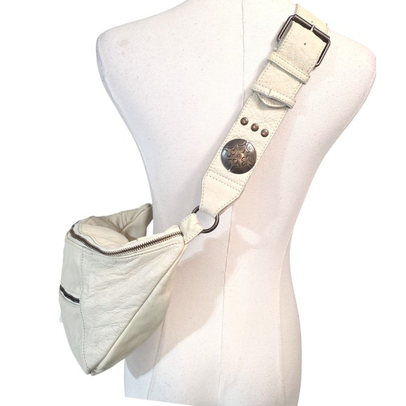 Free People Cream Leather Studded Belt Bag Fanny Pack Crossbody - Picture 8 of 14